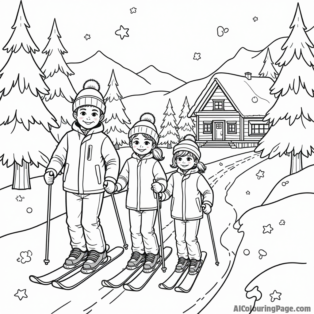 A family of four skiing together on a snowy trail, with snow-covered trees and a cozy cabin in the background, creating a heartwarming winter sports scene for kids to color.