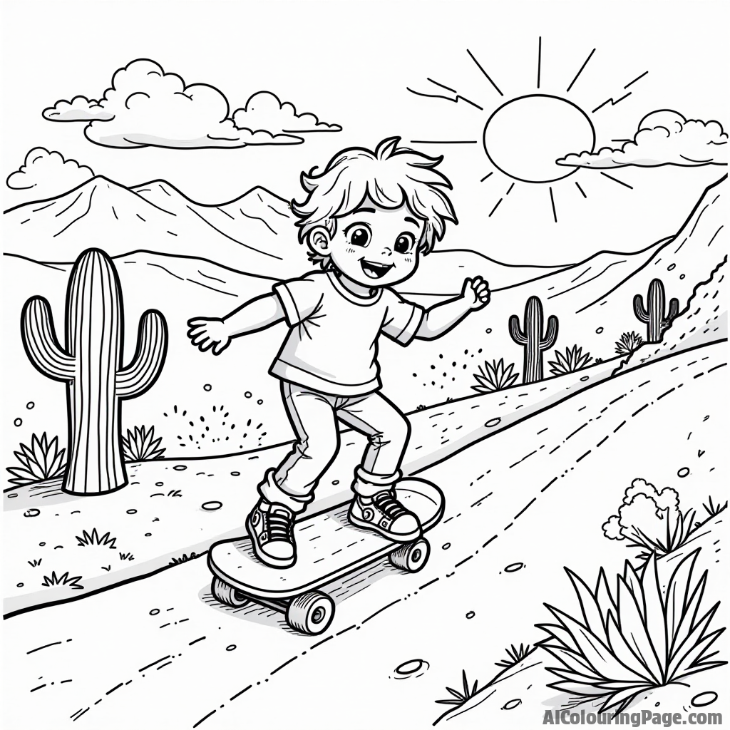 A playful scene of a child riding a skateboard down a sandy slope, with cacti and a colorful sunset in the background, inviting kids to color their own desert adventure story.