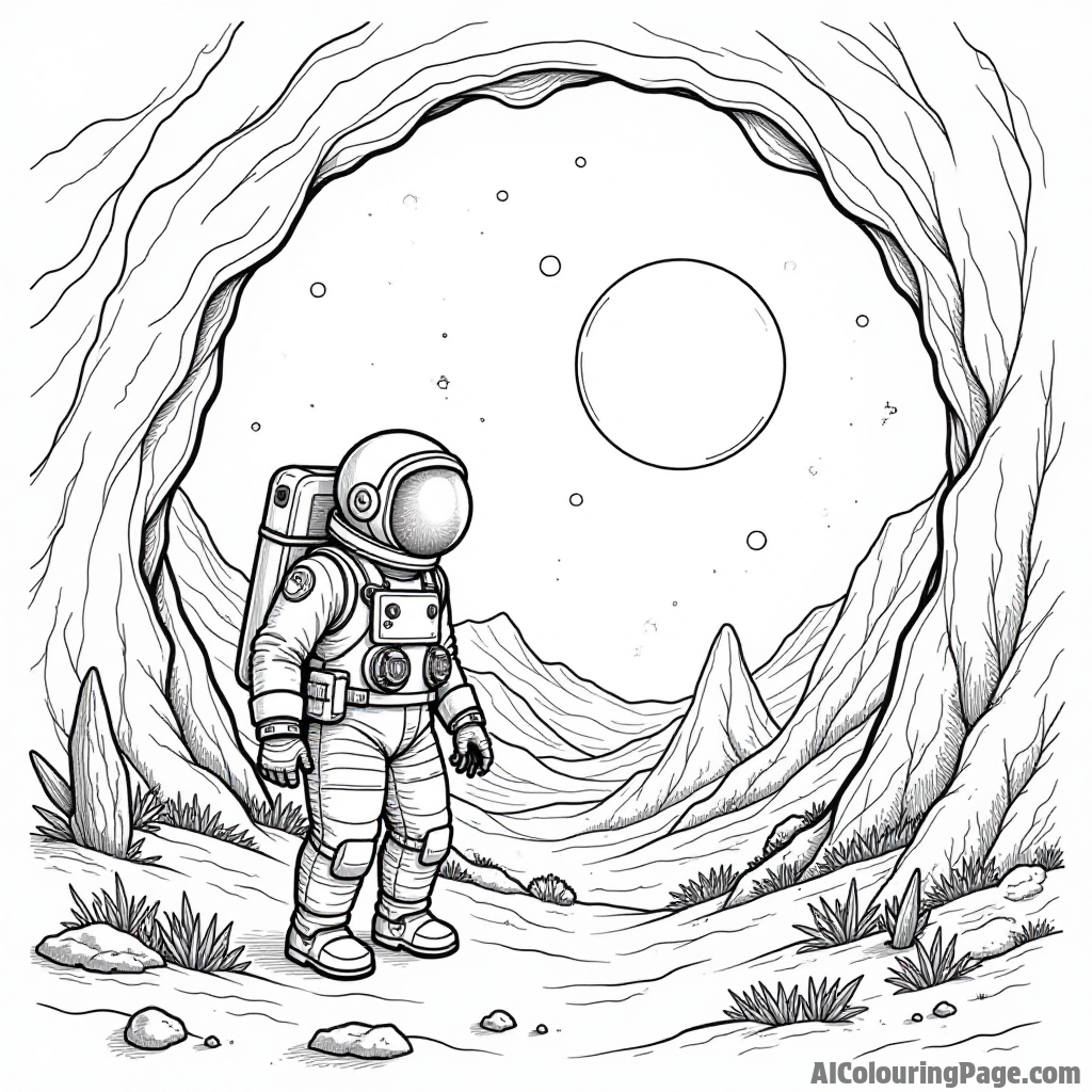 A brave astronaut discovering a hidden cave on an alien planet filled with glowing crystals and unusual creatures.