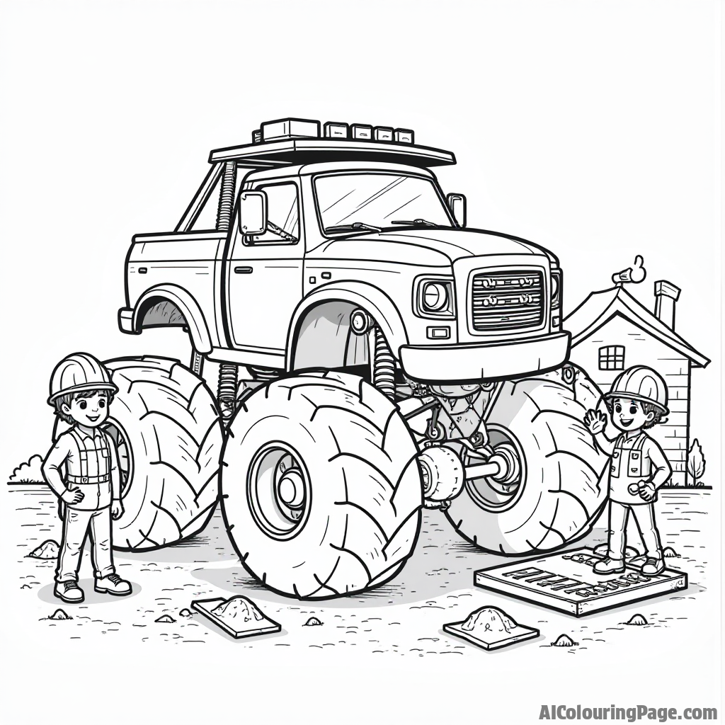 A monster truck helping to build a house, with construction workers and tools nearby, showcasing teamwork and fun in a coloring page that encourages creativity and imagination.