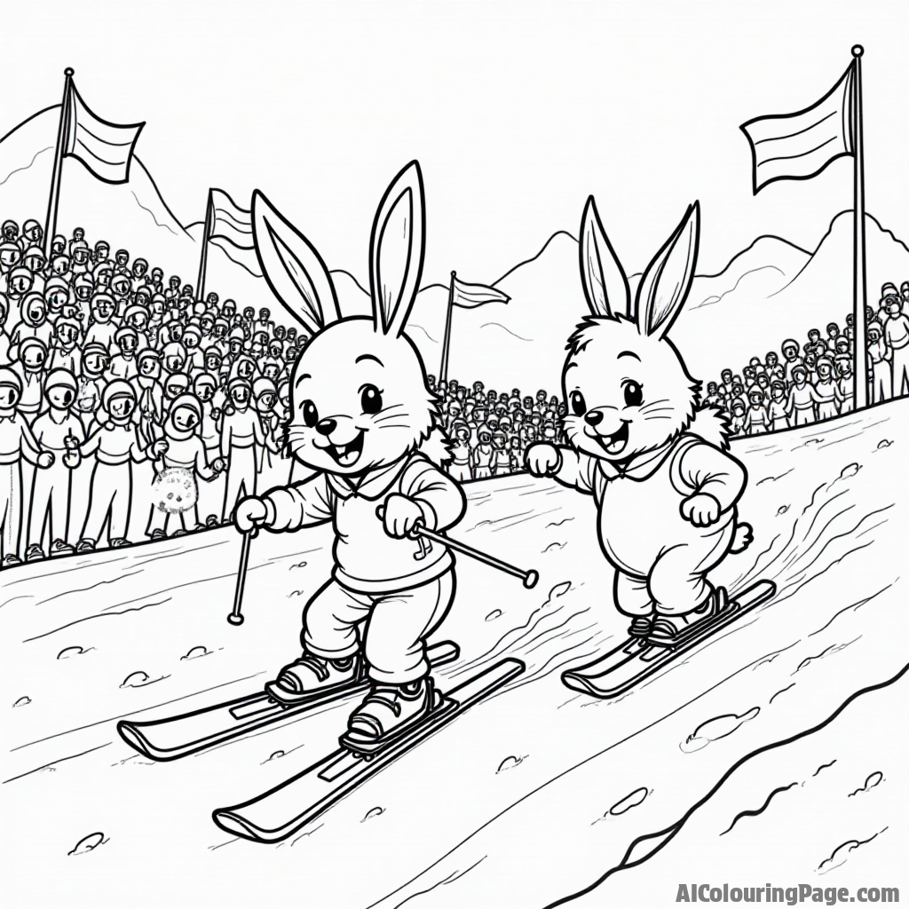 A fun ski race scene featuring cartoon animals like rabbits and bears competing, with colorful flags and cheering crowds in the background for an engaging sports coloring page.