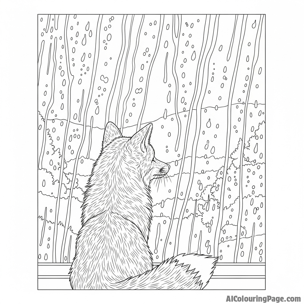 A lonely fox looking out a rain-streaked window pane at a blurred landscape.