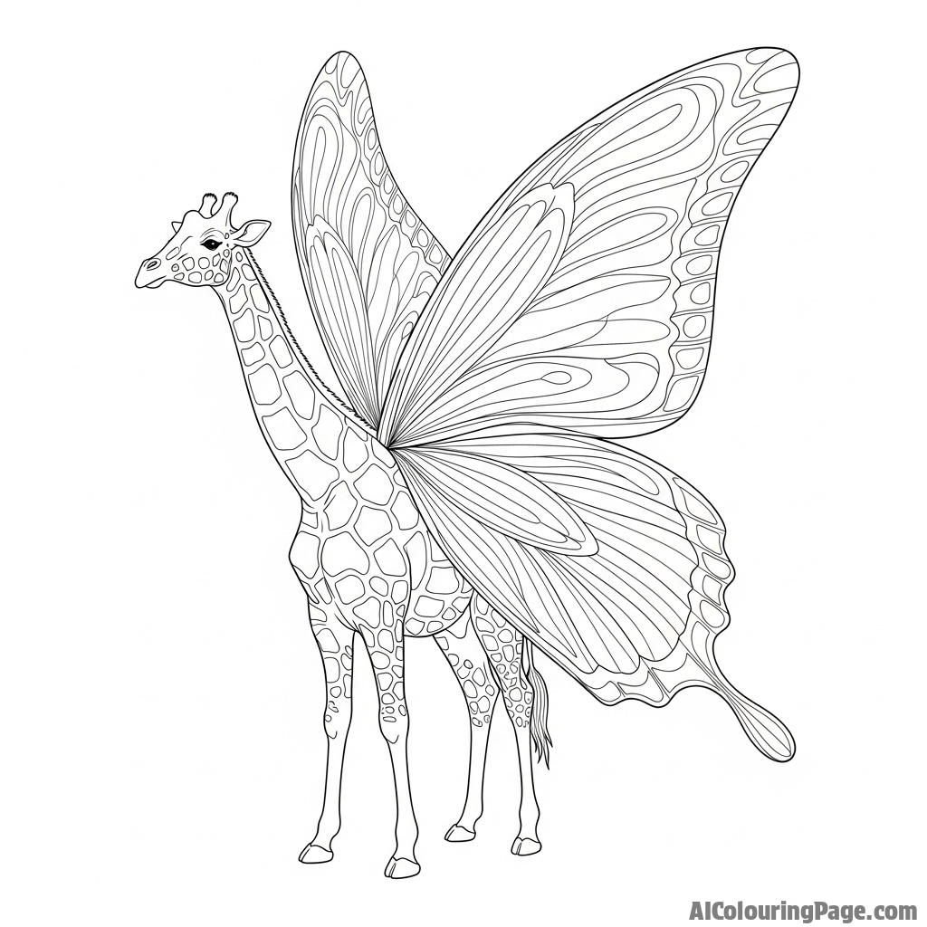 A fantasy concept of a giraffe with delicate, intricate butterfly wings.