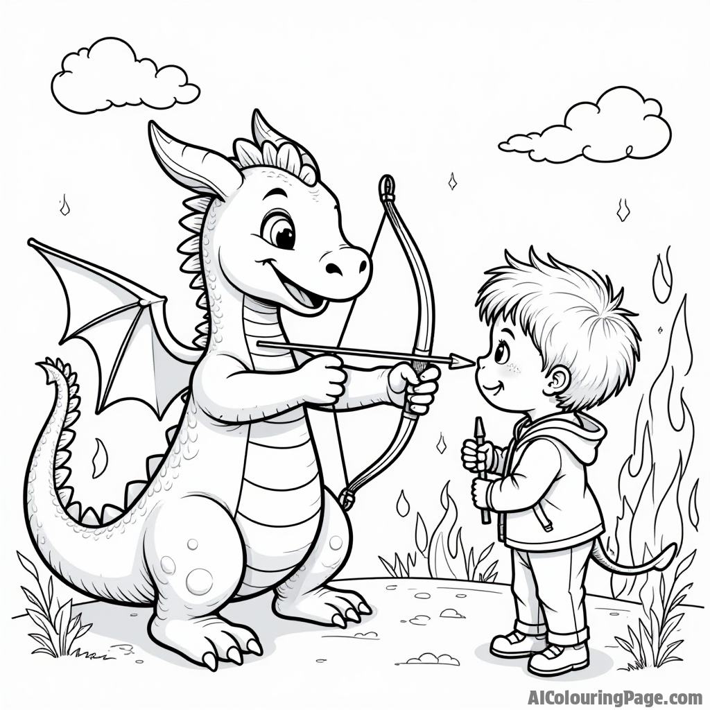 A friendly dragon teaching a young child how to shoot arrows at a target, with flames and clouds around them, creating a fun and magical archery experience for kids.