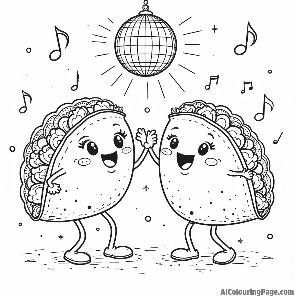 Two friendly tacos dancing together under a disco ball, with musical notes around them, inviting kids to color along.