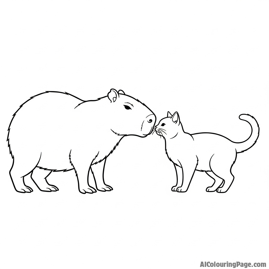 A capybara and a domestic cat cautiously sniffing each other.
