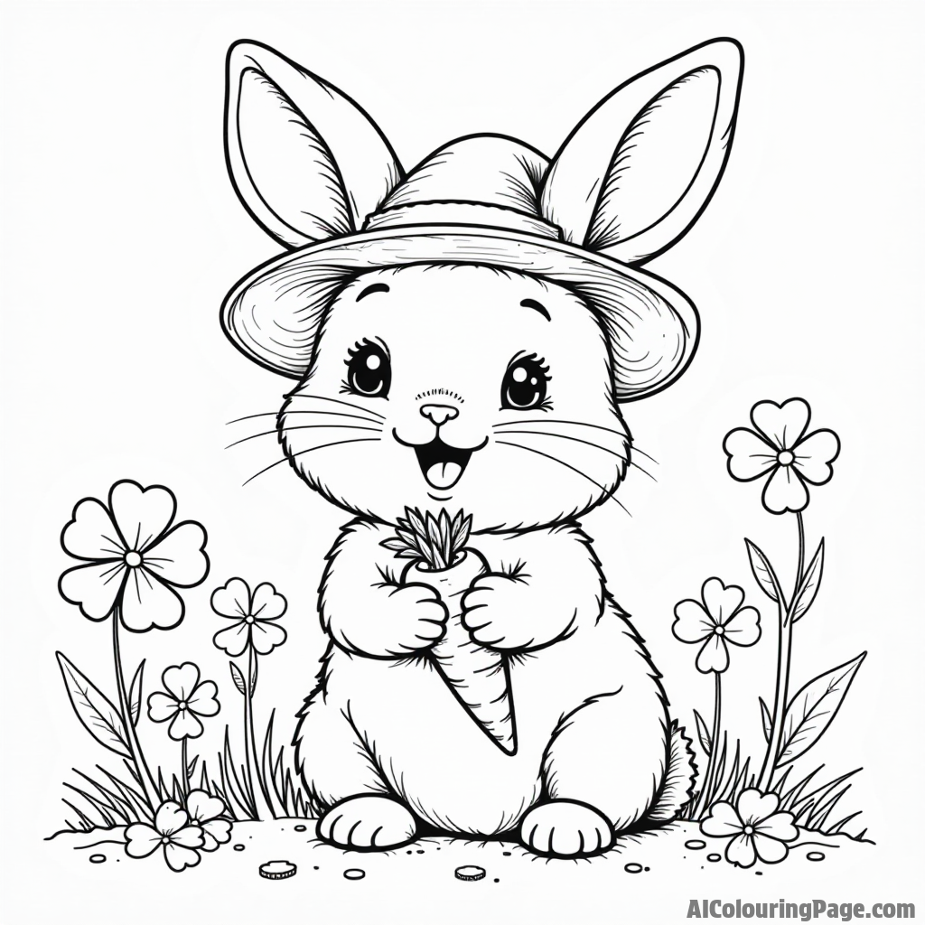 A cute rabbit wearing a tiny green hat sitting in a field of shamrocks, holding a carrot with a smile.