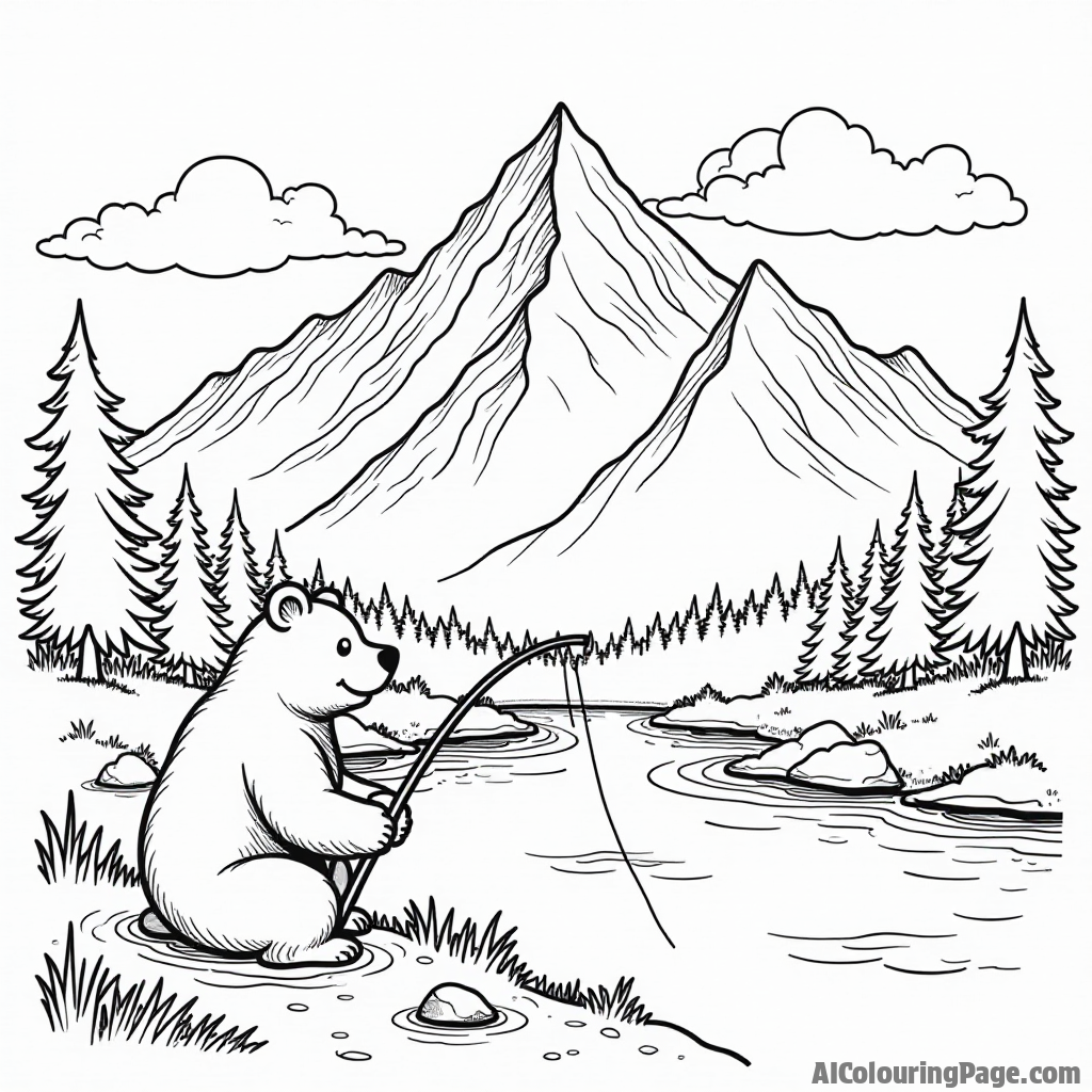 A majestic mountain range with fluffy clouds, a winding river, and a happy bear fishing by the riverbank.