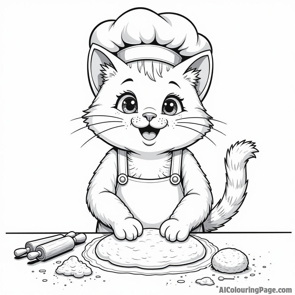 A cheerful baker cat wearing a chef hat, kneading dough on a countertop with rolling pins and flour everywhere.