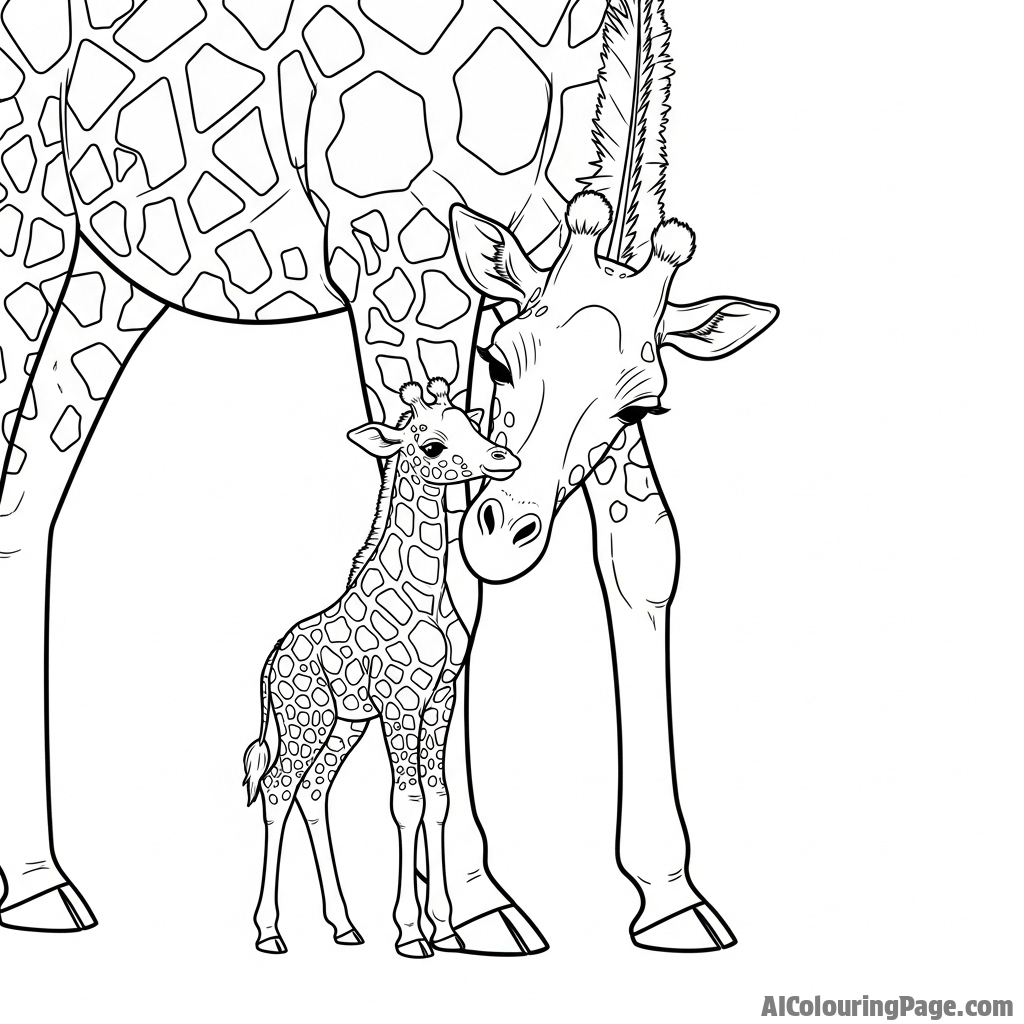 A newborn giraffe calf nuzzling against its mother's towering leg.