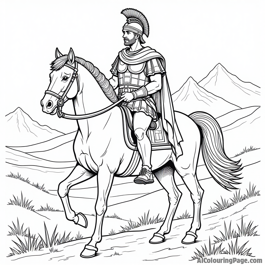 A depiction of a Roman soldier riding a horse, patrolling the borders of the empire, with mountains in the background, offering an adventurous coloring page for children.