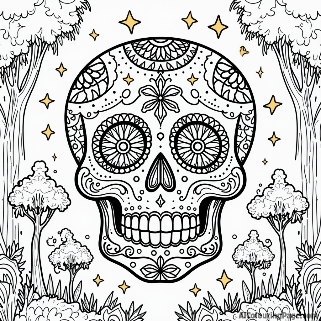 A giant sugar skull surrounded by whimsical trees and stars, creating a magical atmosphere for kids to color while celebrating the spirit of the Day of the Dead.