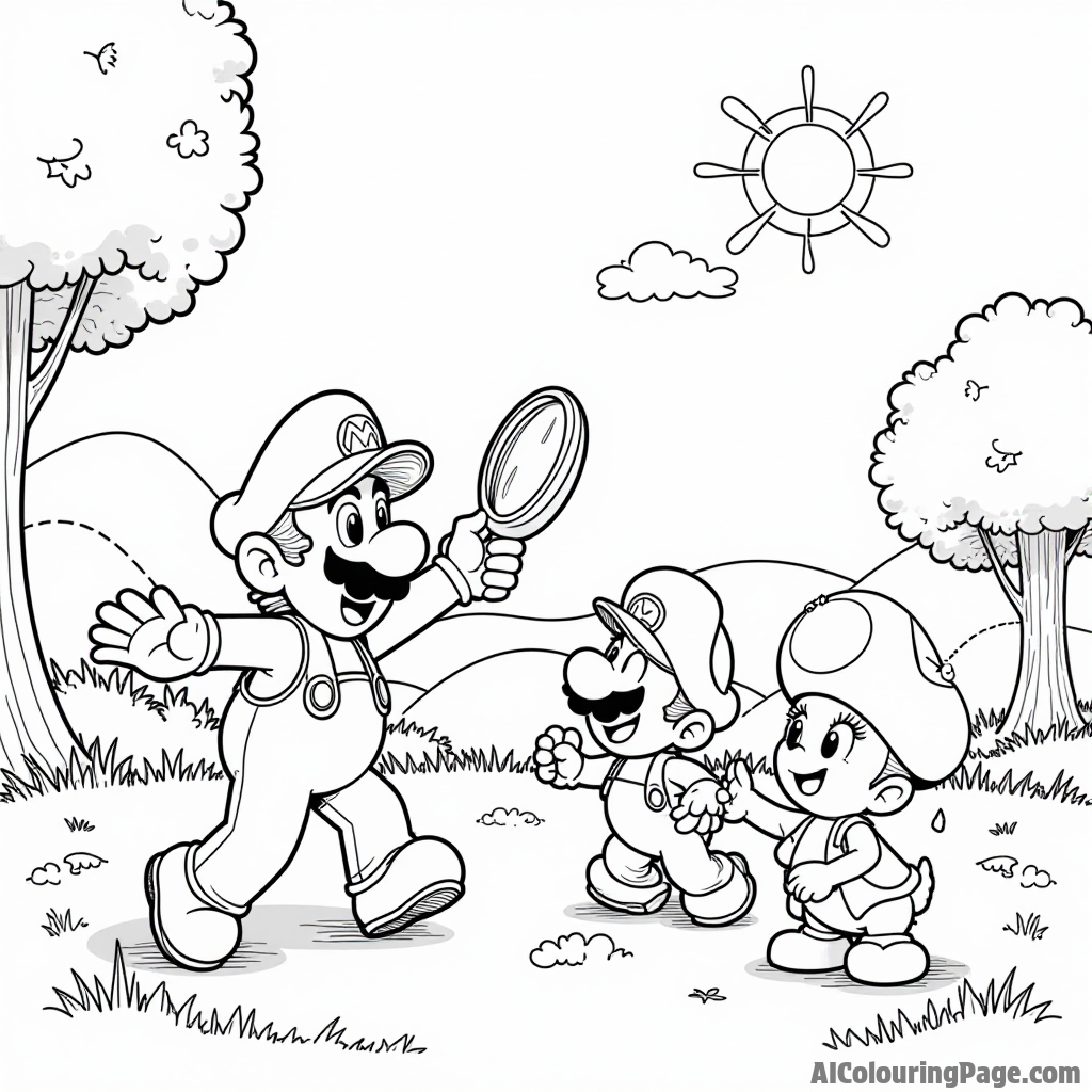 A sunny day at the park with Mario, Luigi, and Toad playing frisbee with a puppy.