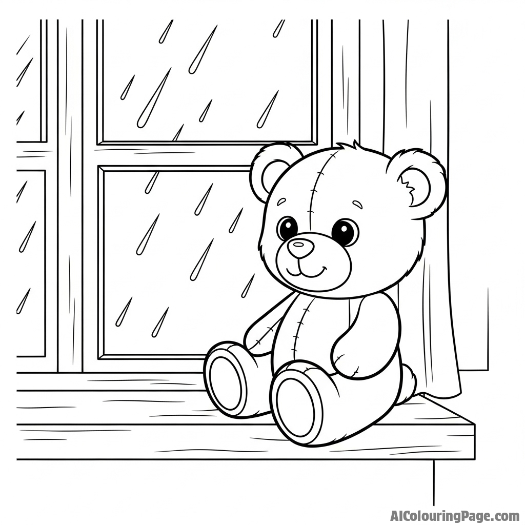 A single teddy bear sitting on a windowsill, looking out at the rain.