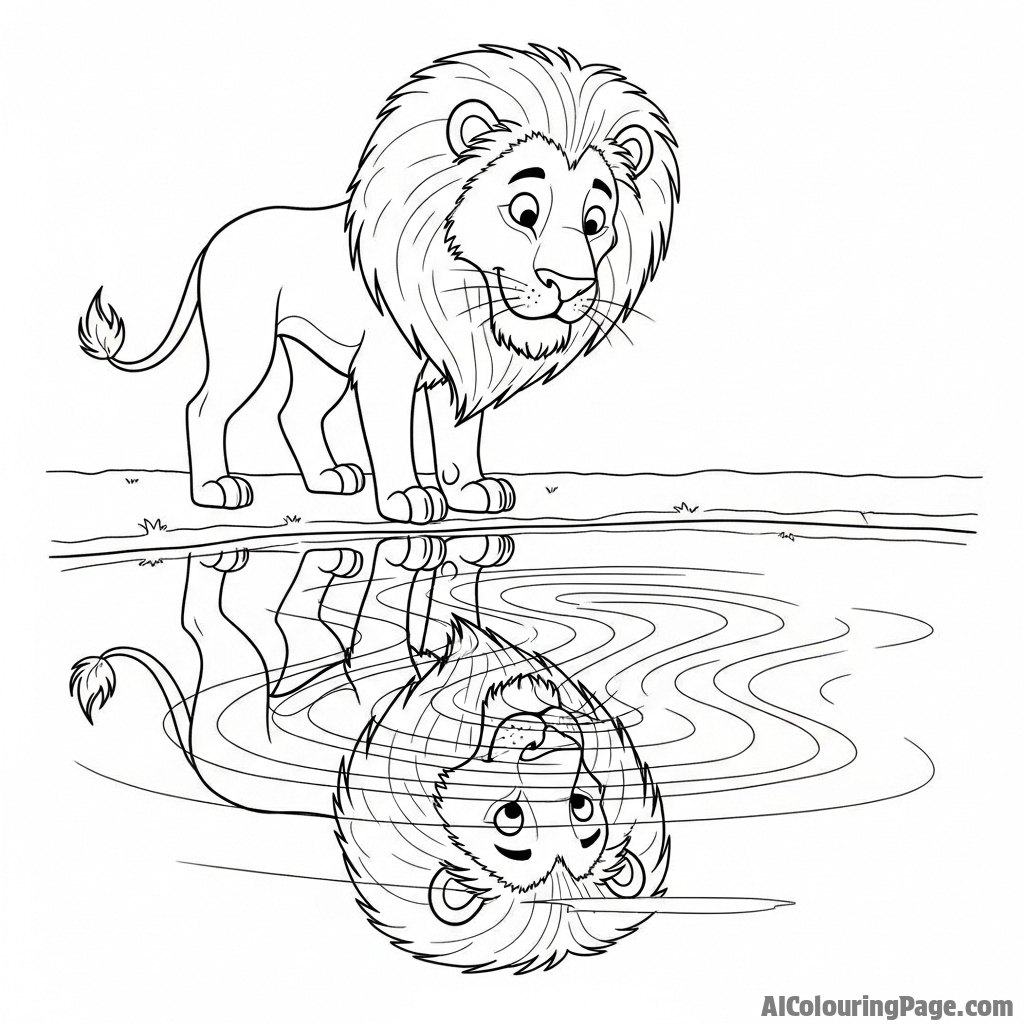A lion looking at its distorted reflection in a pool of water rippled by a breeze.