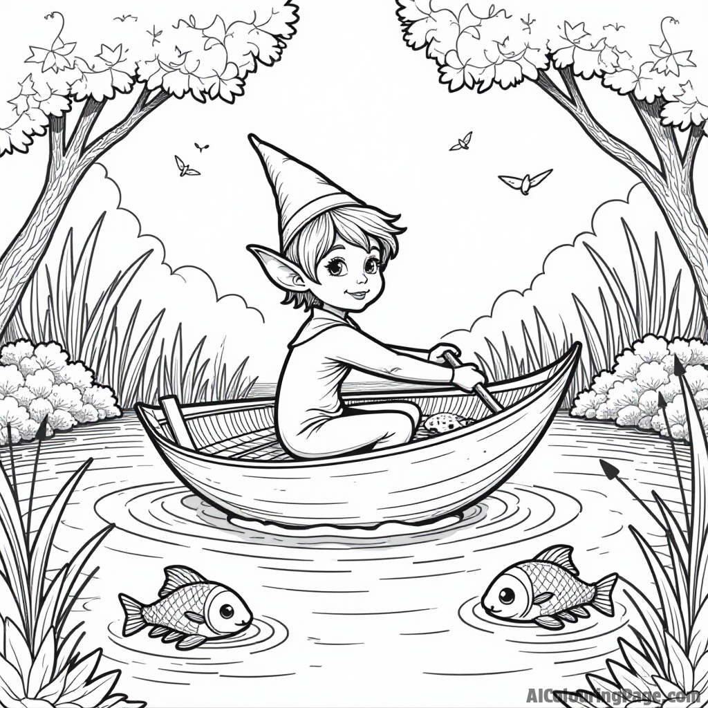 An elf sailing on a leaf boat down a sparkling stream, with playful fish jumping around, creating a serene scene for children to color in their imaginative ways.