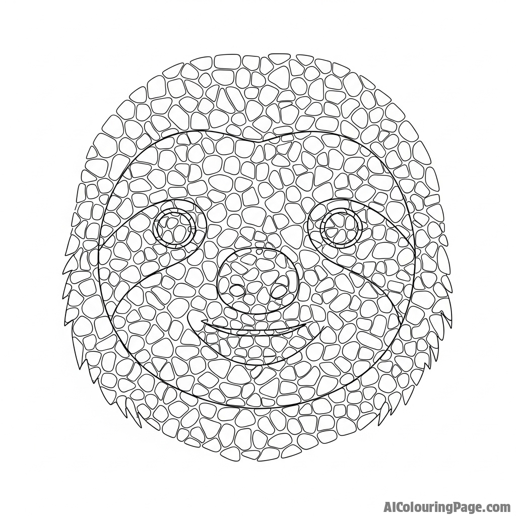 A sloth’s face depicted as an intricate mosaic of tiny stones.