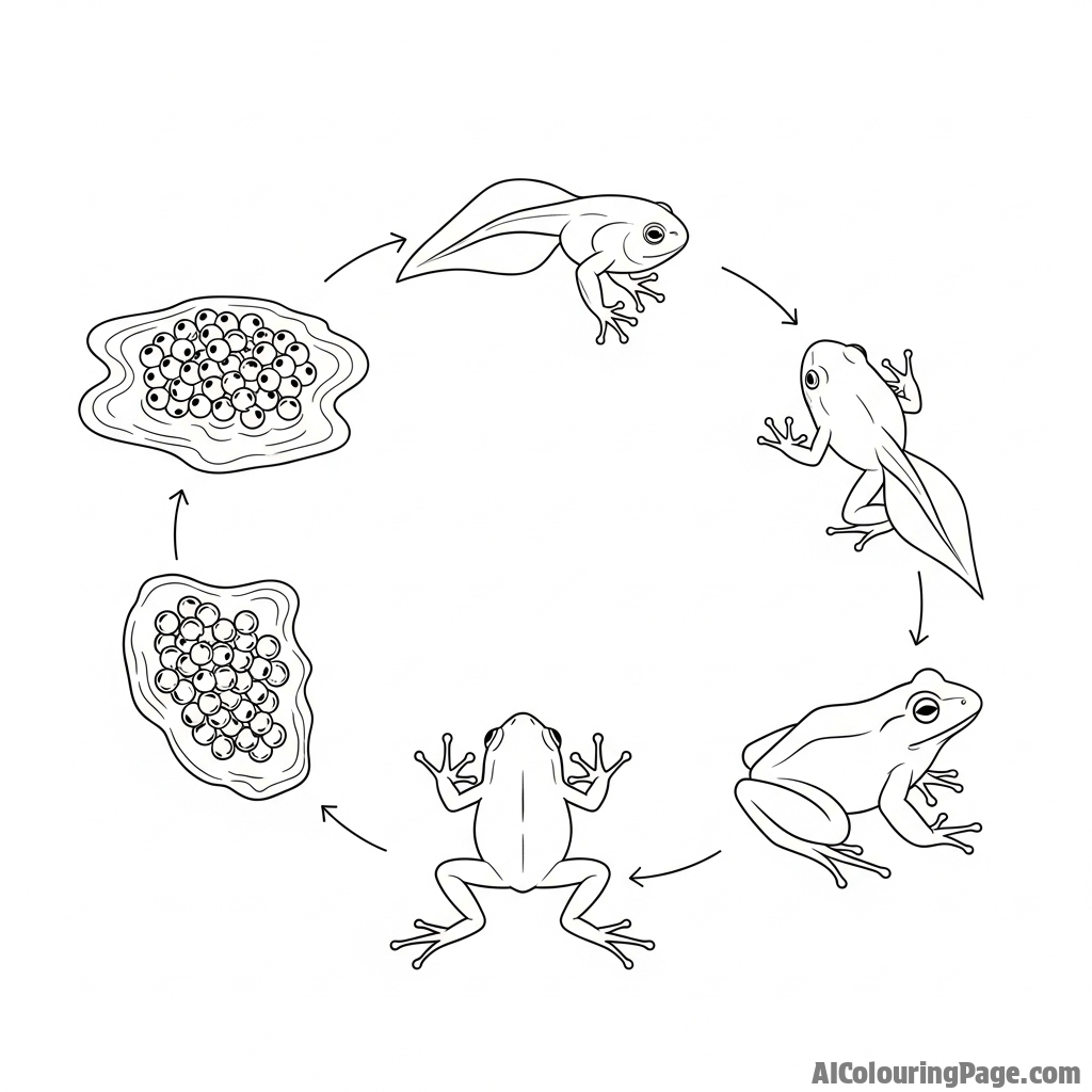 A line-art drawing of a frog's life cycle, from tadpole to adult.
