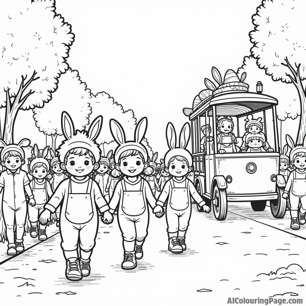 A traditional Easter parade with children dressed in bunny costumes marching happily alongside decorated floats and balloons.