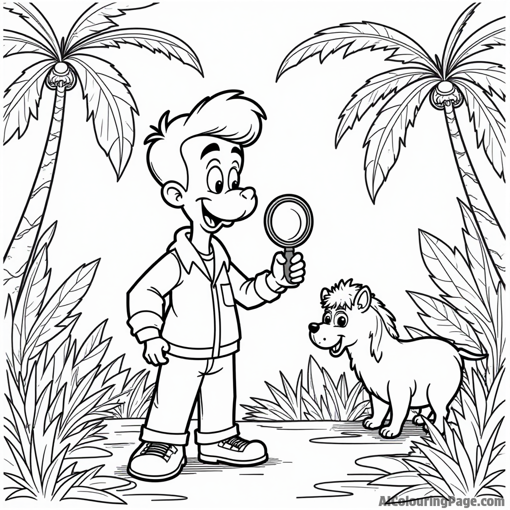 Johnny Bravo exploring a jungle with a magnifying glass and exotic animals