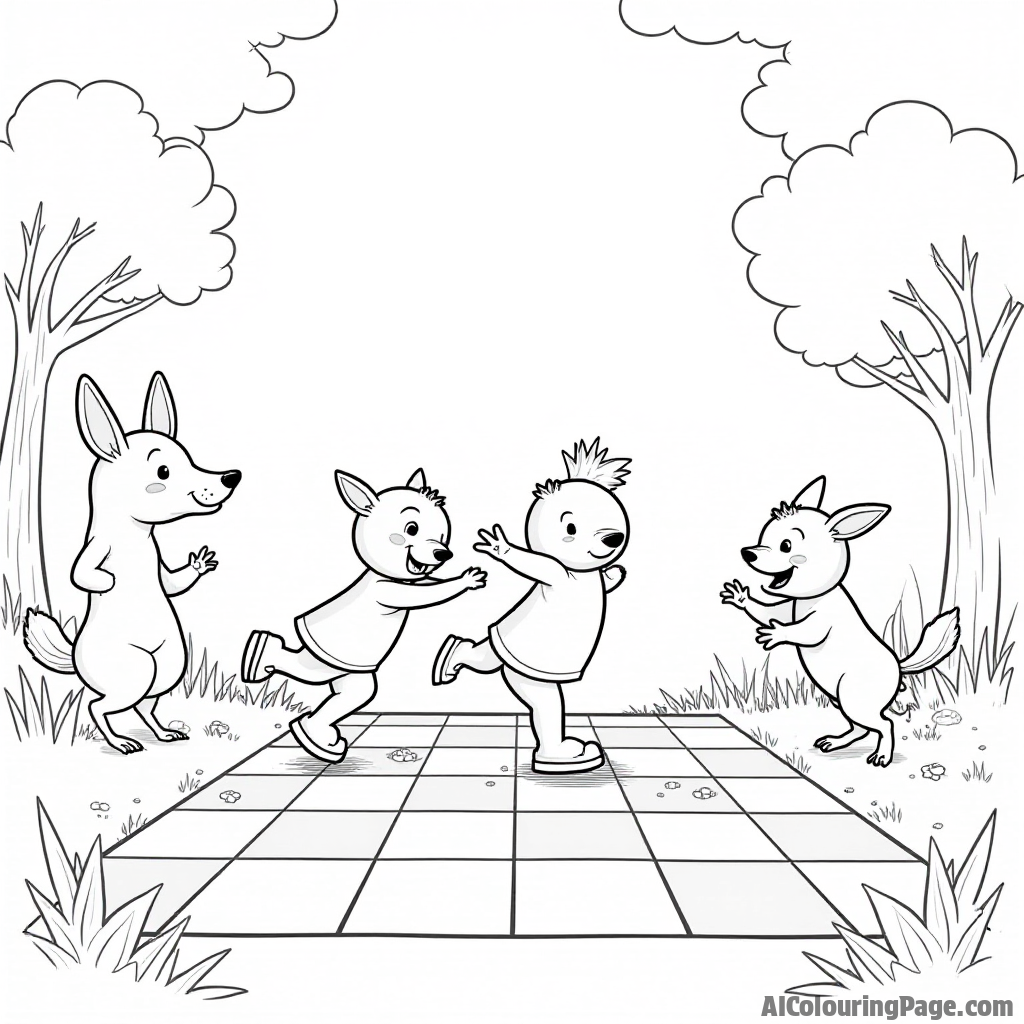 Two playful pawns engaging in a friendly race across a giant chessboard, surrounded by cheering woodland animals, creating a fun and exciting atmosphere for kids to bring to life.