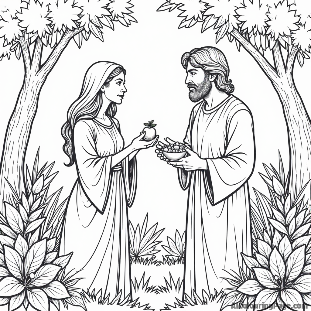 Eve presenting Adam with a fruit in the Garden