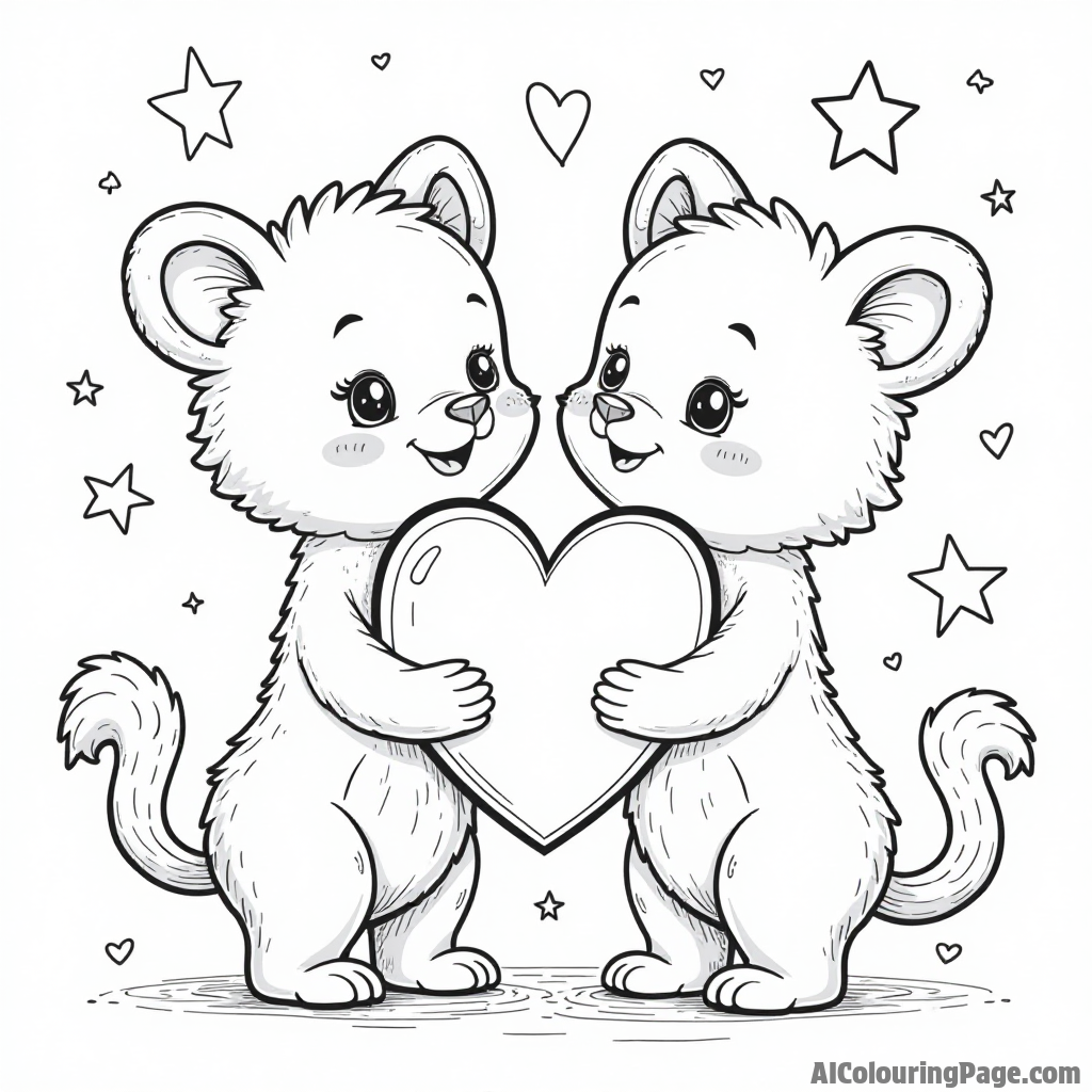 Two cute cartoon animals holding a giant heart between them surrounded by stars and sparkles for Valentine’s celebration