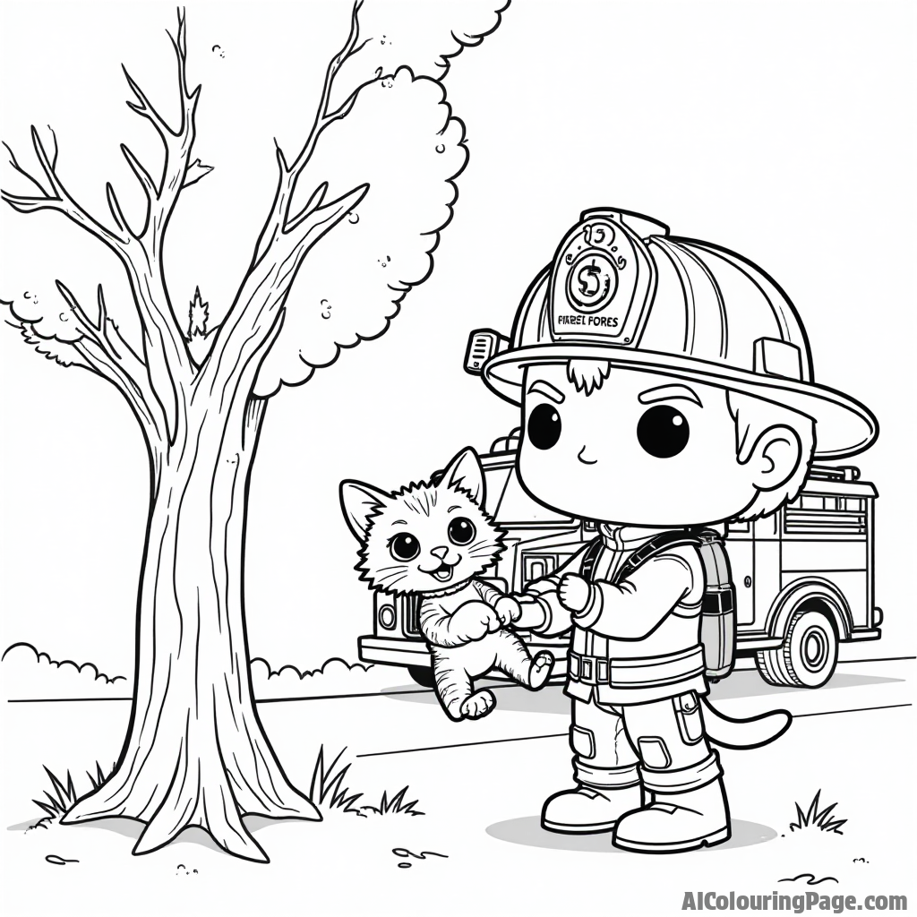 A Funko Pop character dressed as a firefighter, rescuing a kitten from a tree, with a fire truck in the background, providing an exciting and heroic scene for children to color and enjoy.