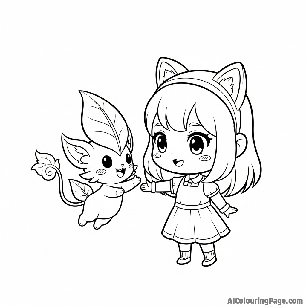 A chibi-style Aphmau interacting with a playful forest spirit.