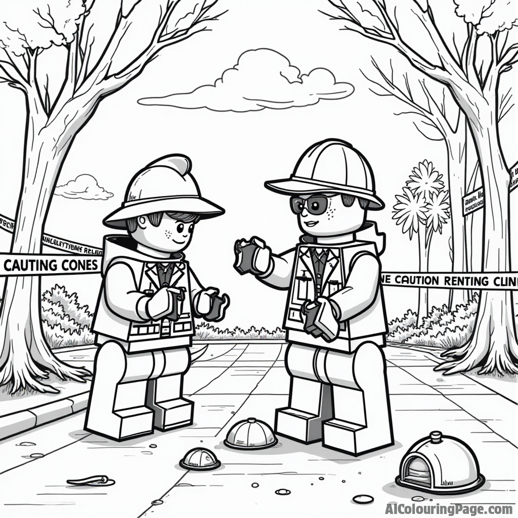 A Lego crime scene with caution tape, Lego detectives examining clues, a fun and engaging coloring page for children to explore their detective skills.