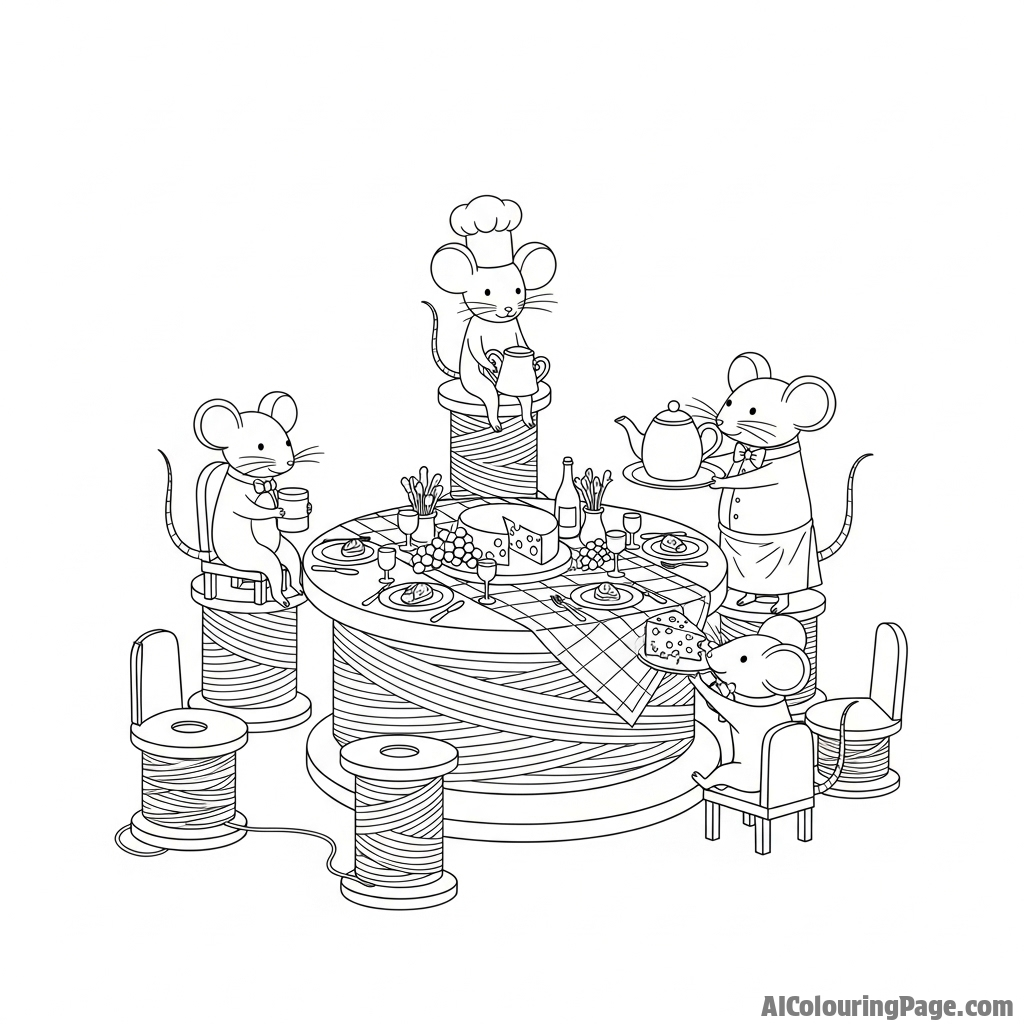 A whimsical scene of mice using spools of thread as tables and chairs for a banquet.