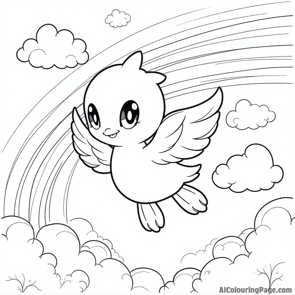 A cute Swablu flying through a rainbow in a bright sky with fluffy clouds and other flying Pokémon.