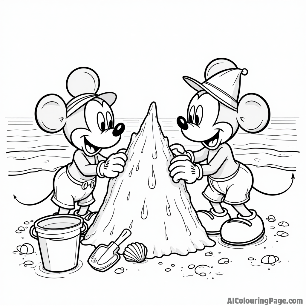 Mickey Mouse and friends building a sandcastle at the beach, with buckets, shovels, and seashells scattered around.