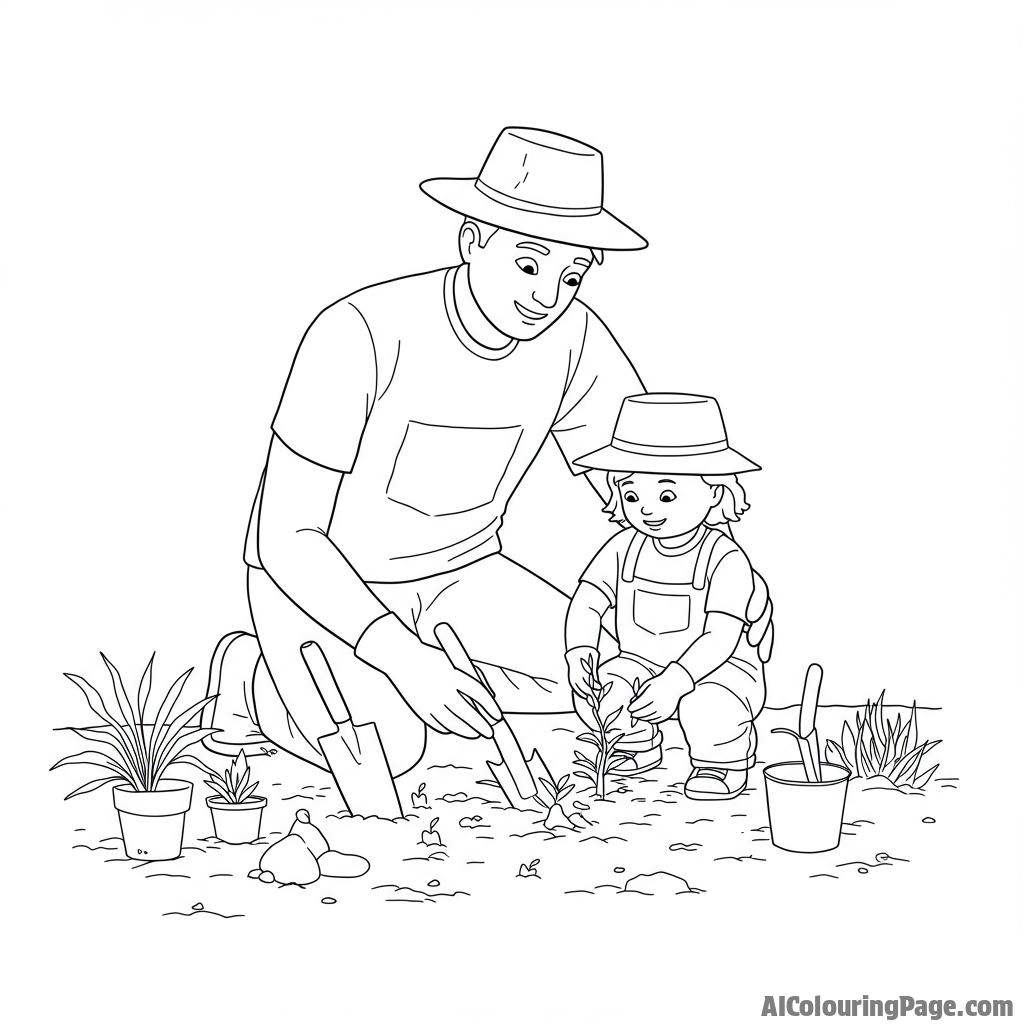 Father and child gardening, planting seeds.