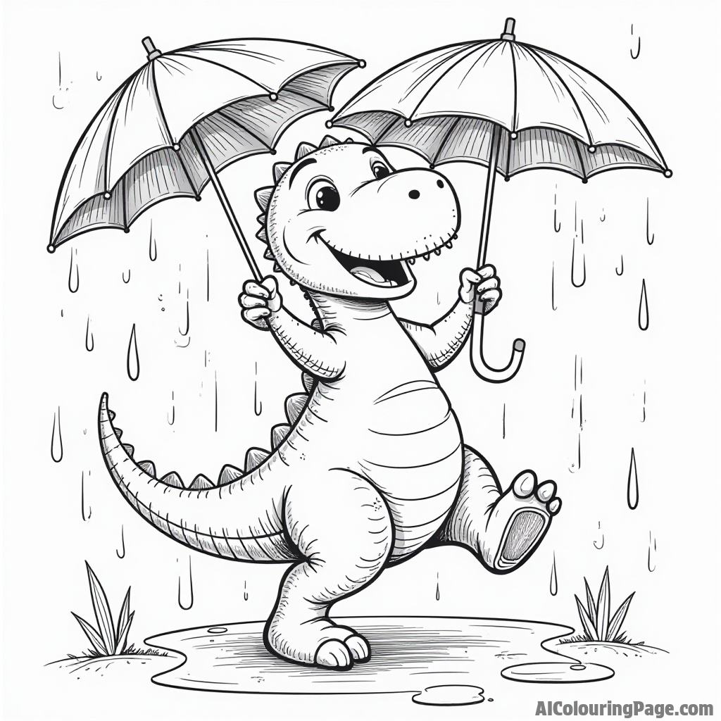 A joyful dinosaur dancing in the rain with colorful umbrellas and puddles all around.