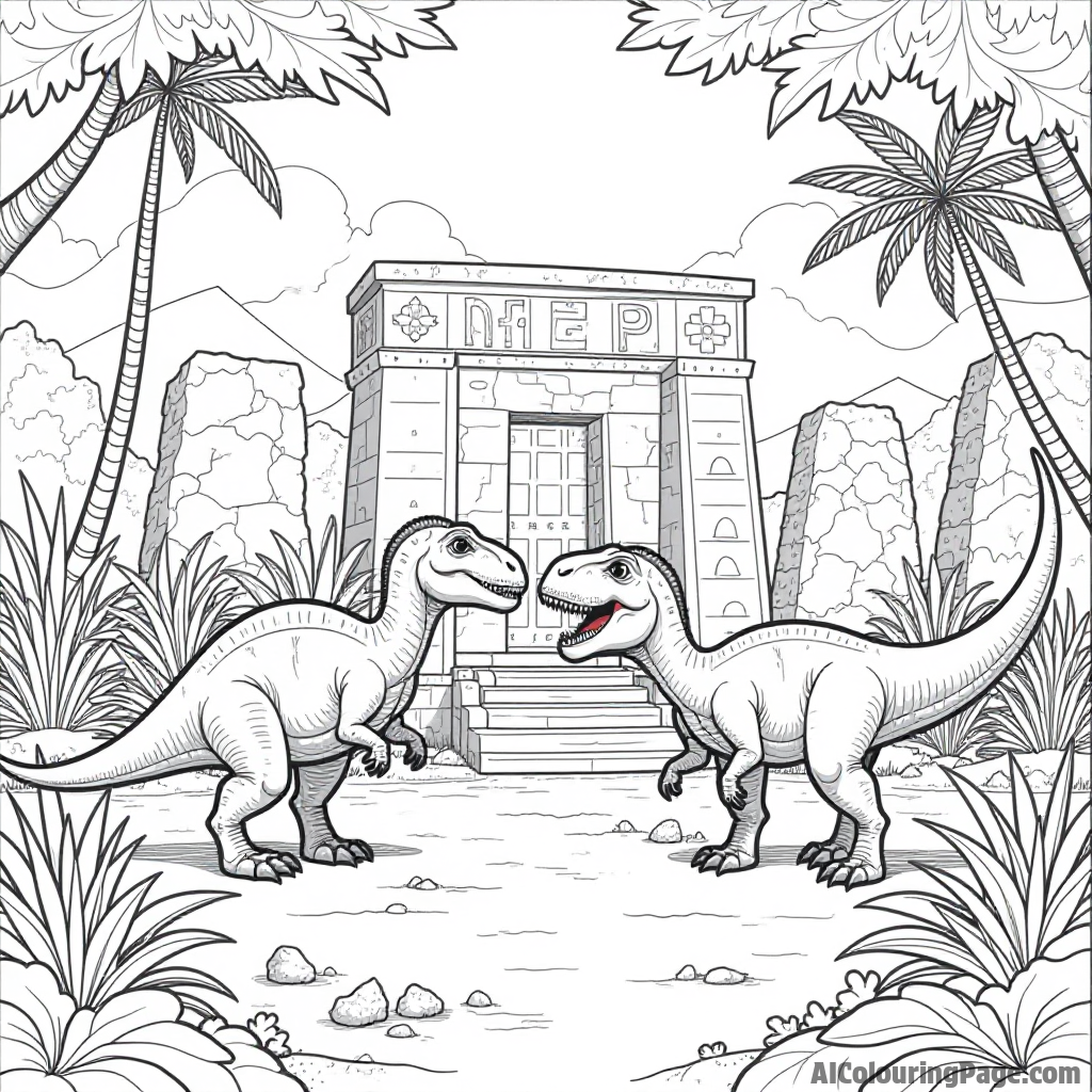 A group of dinosaurs exploring an ancient ruin with mysterious hieroglyphs and lush vines covering the stones.