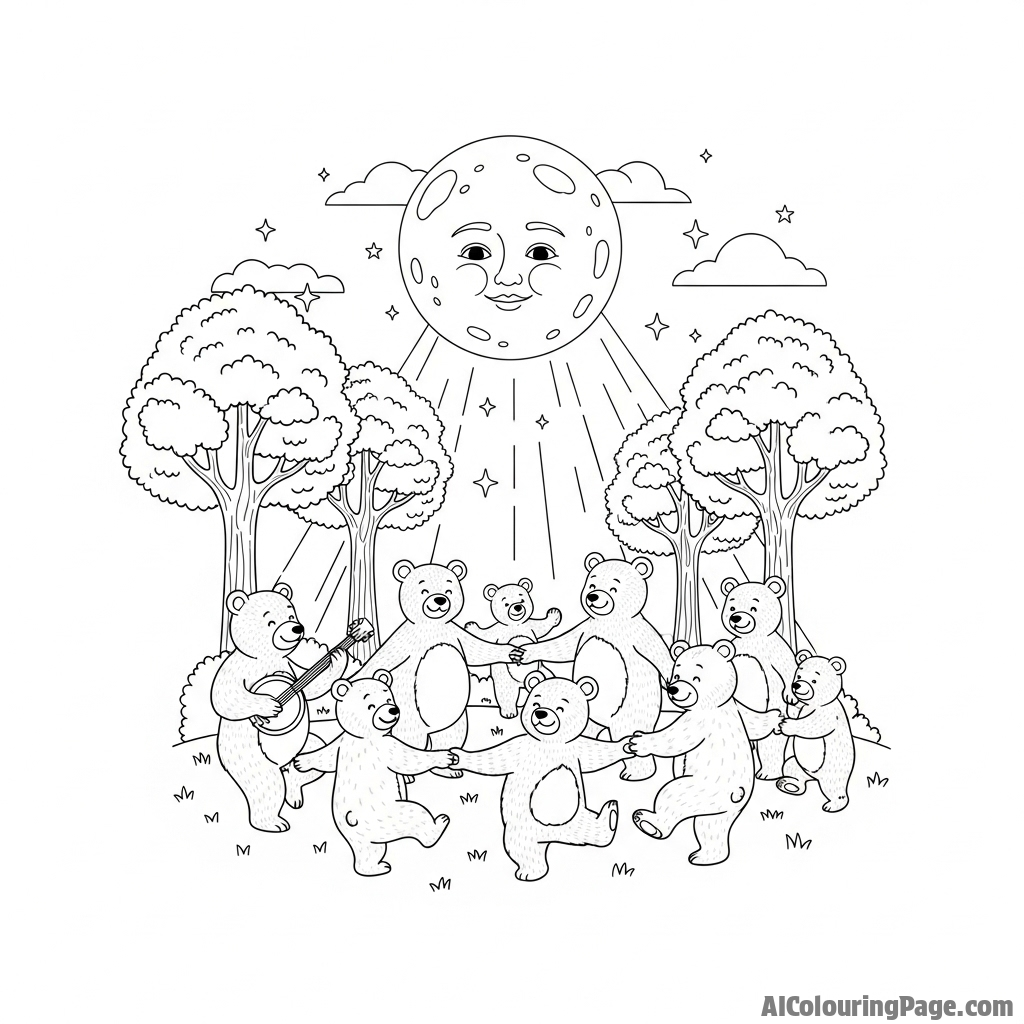 A whimsical scene of bears dancing in a moonlit clearing.
