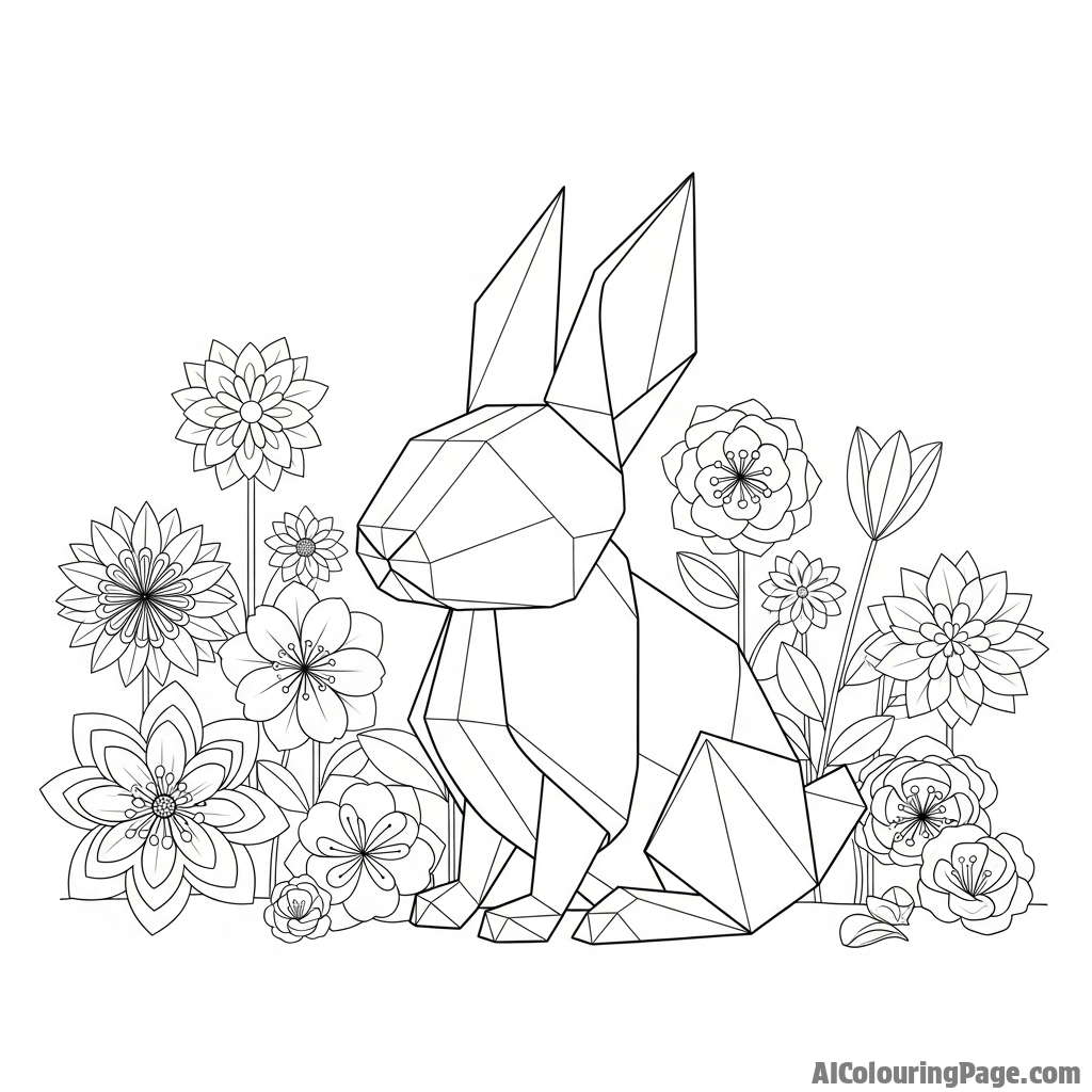 An origami rabbit sitting amongst a field of paper flowers.