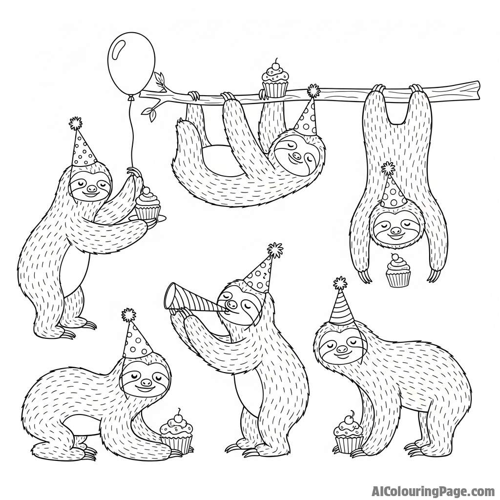 A group of sloths having a very slow-motion party with tiny festive hats.