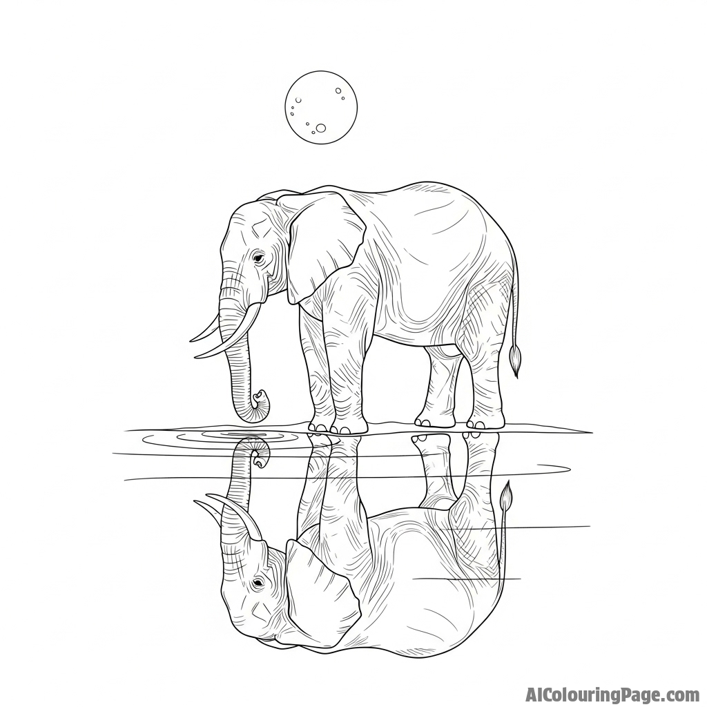 An elephant's reflection in a perfectly still watering hole under a full moon.