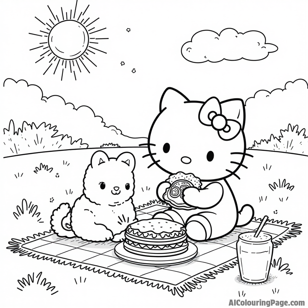 Hello Kitty having a picnic with friends on a blanket, enjoying sandwiches and fruits with a bright sun above