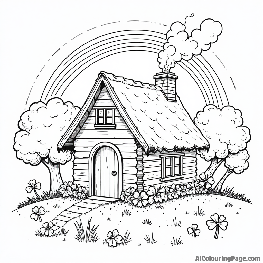 A cozy cottage with smoke billowing from the chimney, surrounded by fields of shamrocks and a rainbow overhead.