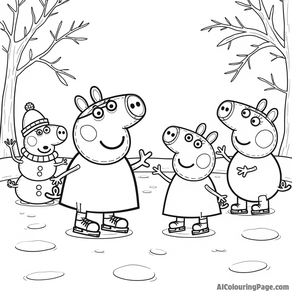 Peppa Pig and her friends ice skating on a frozen pond with winter decorations and cheerful snowmen all around.