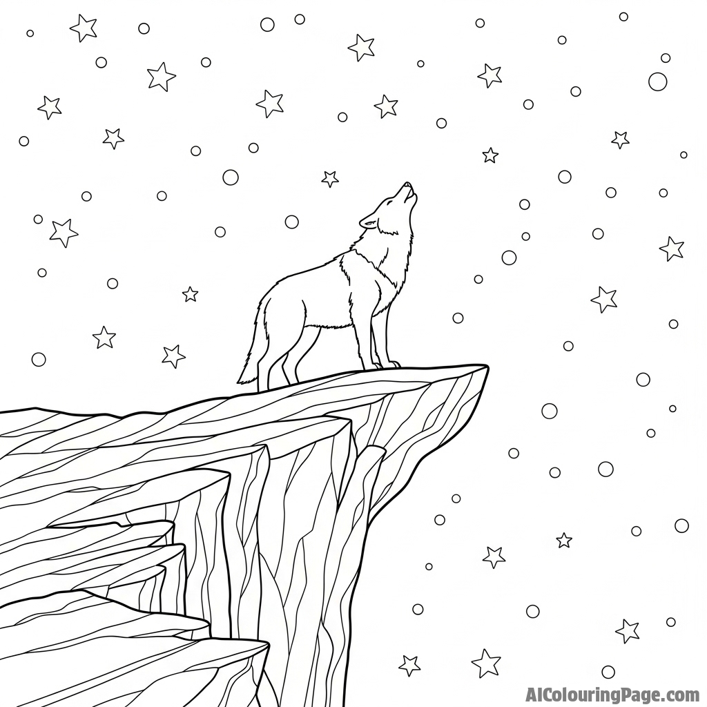 The silhouette of a wolf standing atop a rocky precipice against a star-filled night sky.