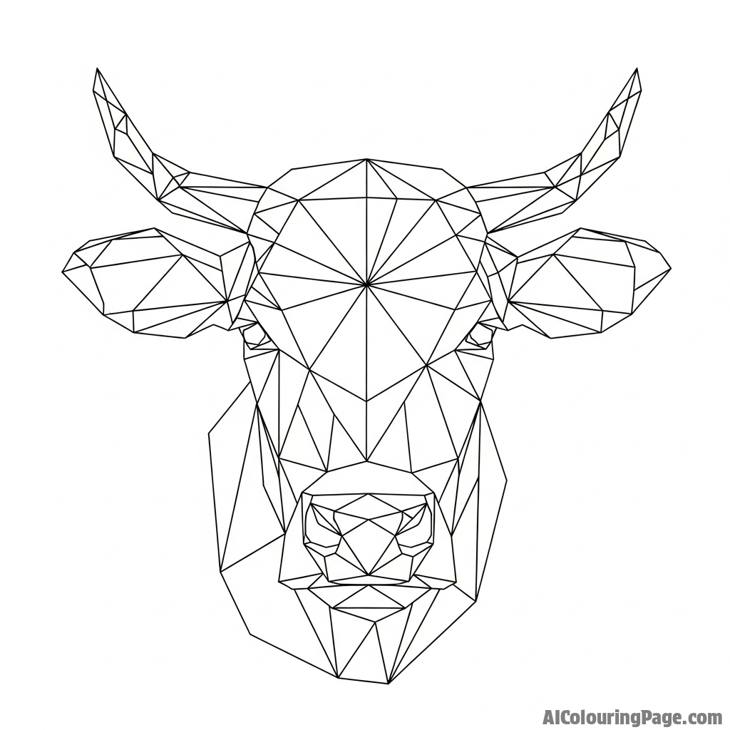 A low-poly, geometric digital art representation of a cow\'s head.