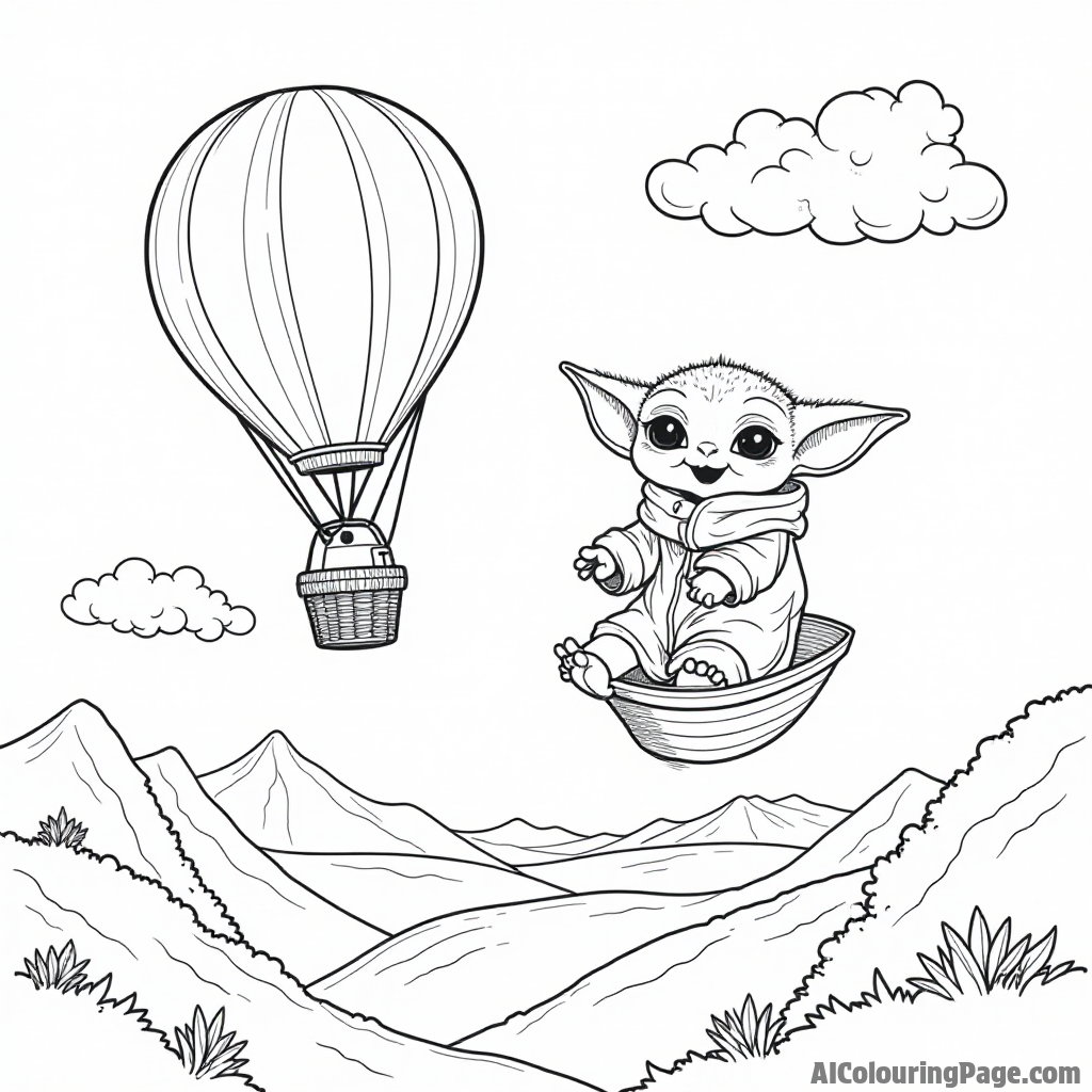 Baby Yoda going on an adventure in a hot air balloon above a beautiful landscape