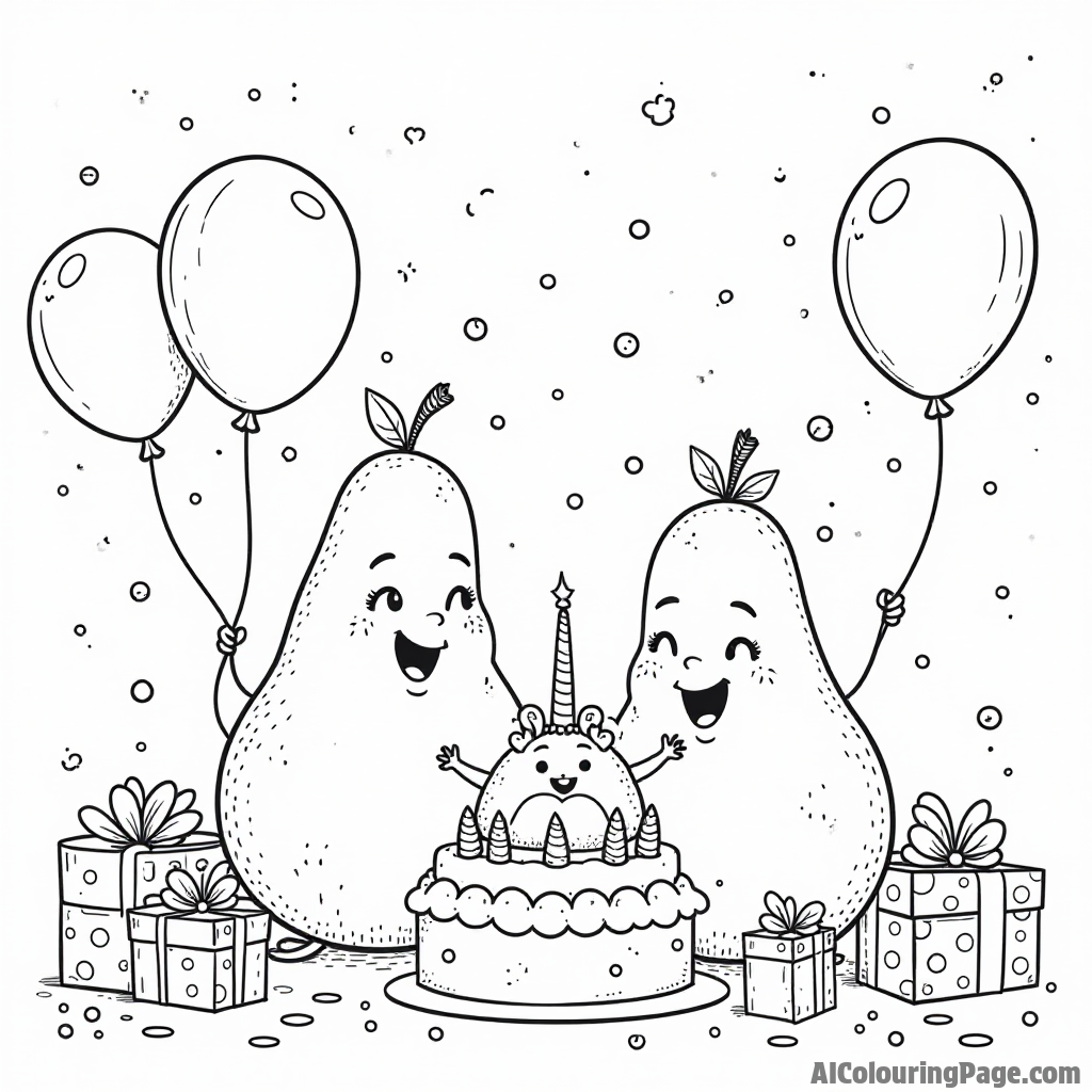 A pear family celebrating a birthday with balloons, cake, and presents, creating a joyful scene for children to color.