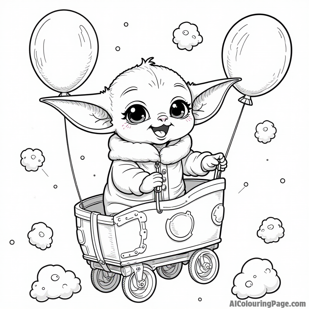 Baby Yoda enjoying a carnival ride with balloons and cotton candy all around