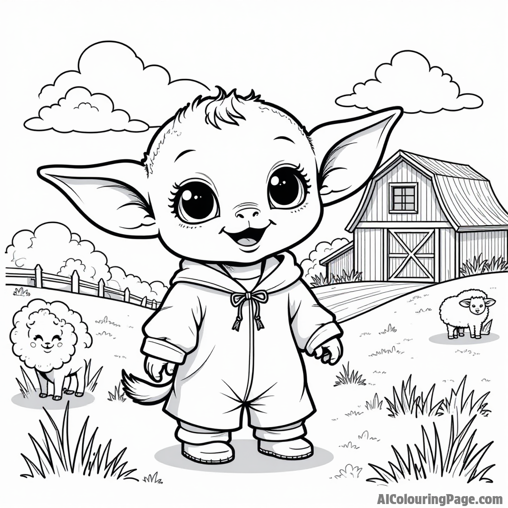 Baby Yoda exploring a farm with cute animals and a red barn in the background