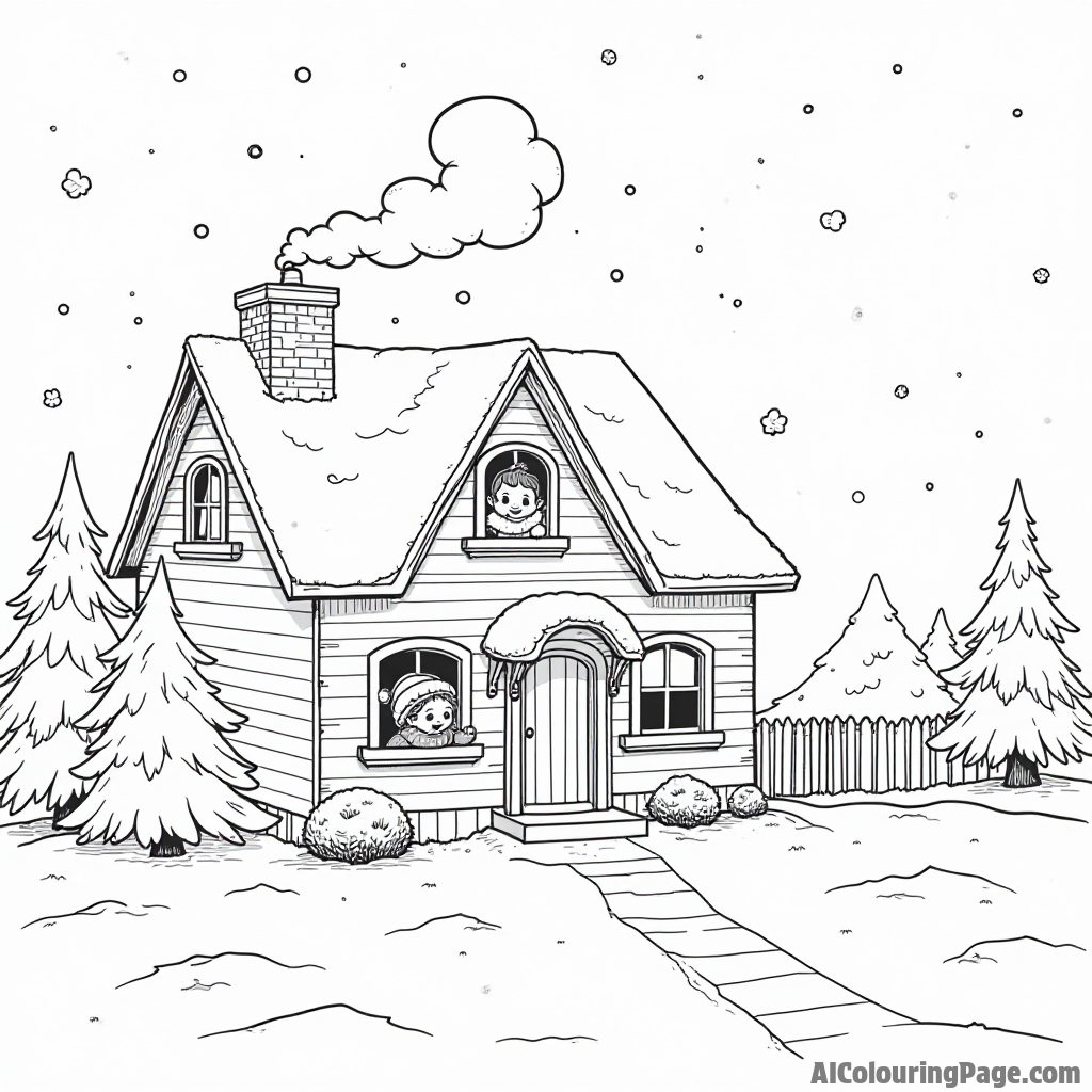 A snowstorm scene with a cozy home, smoke coming from the chimney, and children peeking out of the window.